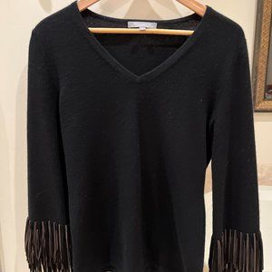 Neiman Marcus Cashmere with Leather Fringe VNeck Sweater Size M